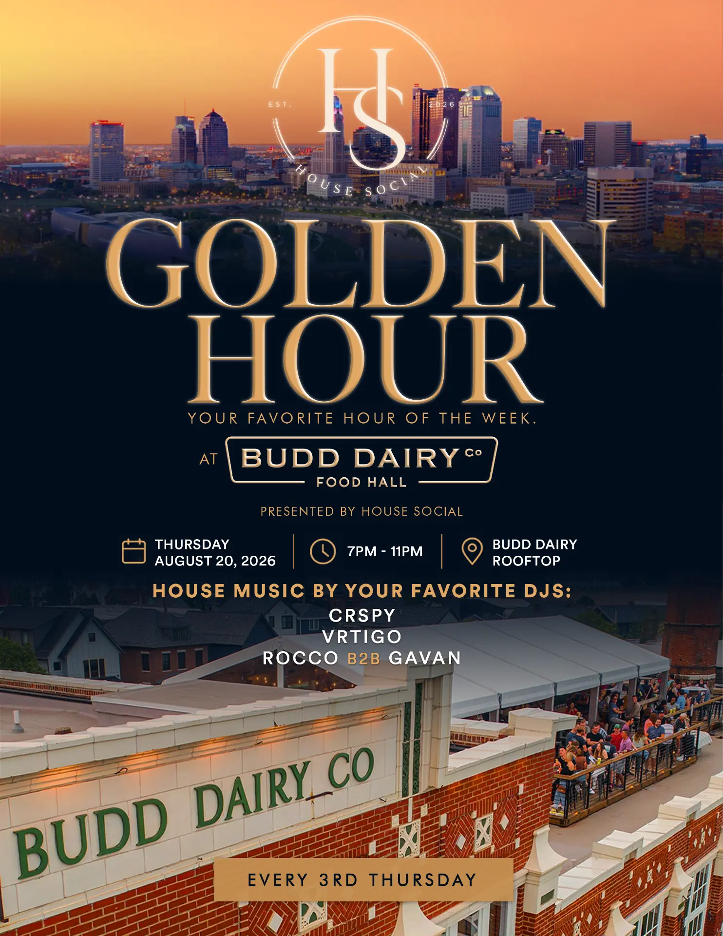 Golden Hour at Budd Dairy Rooftop — Thursday August 20, 2026
